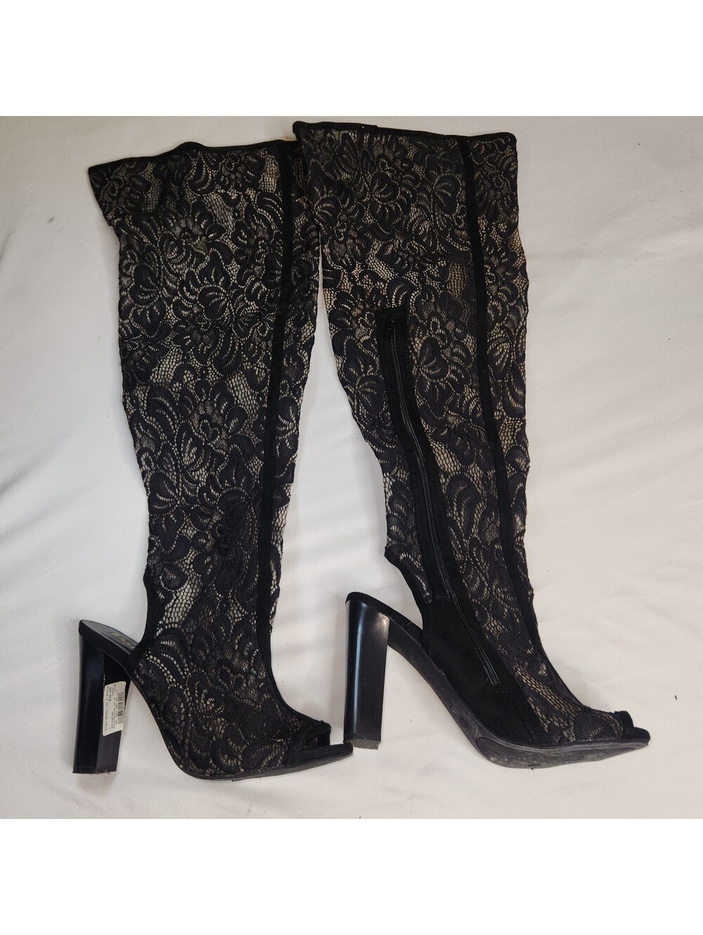 Black lace over-the-knee heeled boots